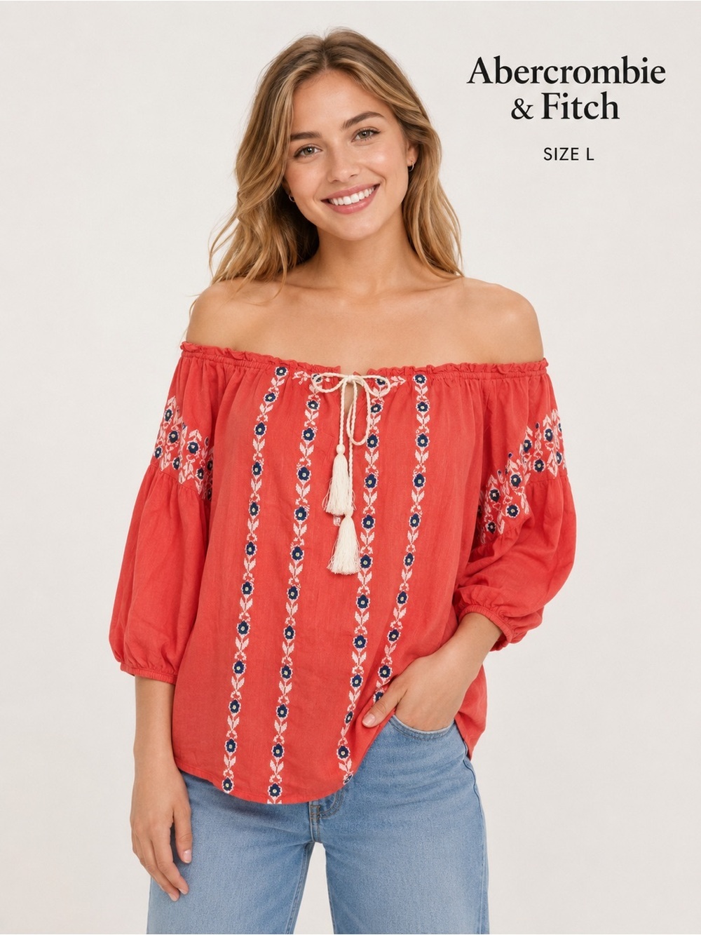 Abercrombie & Fitch Boho Embroidered Peasant Blouse Size L Coral feminine